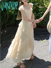 Lunivop Korean Elegant Lace Midi Dress Women Casual 2024 Spring Summer New A-Line Ruffles Holiday