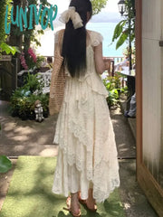 Lunivop Korean Elegant Lace Midi Dress Women Casual 2024 Spring Summer New A-Line Ruffles Holiday