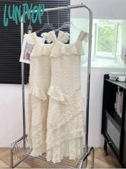 Lunivop Korean Elegant Lace Midi Dress Women Casual 2024 Spring Summer New A-Line Ruffles Holiday