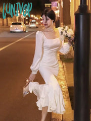 Lunivop Korean Elegant Solid Midi Dress Women Chic Ruffles Party Prom Vestidos Spring Summer Long