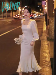 Lunivop Korean Elegant Solid Midi Dress Women Chic Ruffles Party Prom Vestidos Spring Summer Long