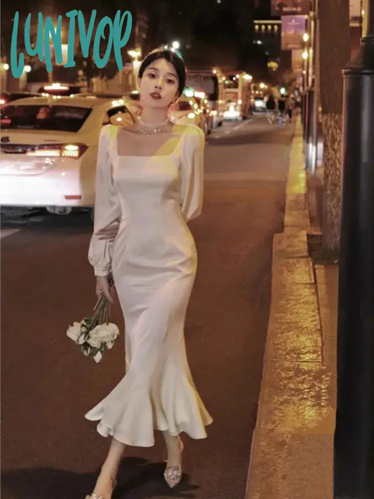 Lunivop Korean Elegant Solid Midi Dress Women Chic Ruffles Party Prom Vestidos Spring Summer Long