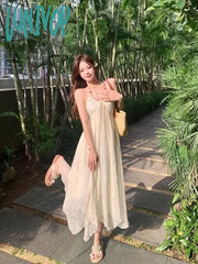 Lunivop Korean Fairycore Beige Long Resort Dress Women Beach Style Backless Ruffles Halter Dresses