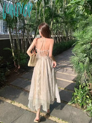 Lunivop Korean Fairycore Beige Long Resort Dress Women Beach Style Backless Ruffles Halter Dresses