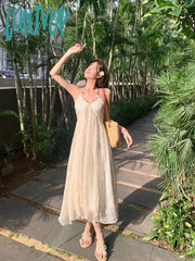 Lunivop Korean Fairycore Beige Long Resort Dress Women Beach Style Backless Ruffles Halter Dresses