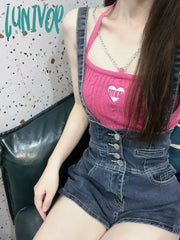 Lunivop Korean Fashion Blue Denim Pants Summer Overalls Shorts High Waist Suspender Jumpsuit For