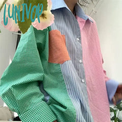 Lunivop Korean Fashion Button Up Shirt For Women Asymmetrical Patchwork Blouse Casual Clothes Long