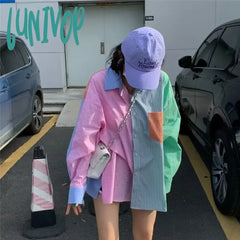 Lunivop Korean Fashion Button Up Shirt For Women Asymmetrical Patchwork Blouse Casual Clothes Long