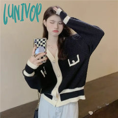 Lunivop Korean Fashion Chic Vintage Sweater Retro Casual Lazy Sweaters For Women Knitted V-Neck