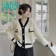 Lunivop Korean Fashion Chic Vintage Sweater Retro Casual Lazy Sweaters For Women Knitted V-Neck