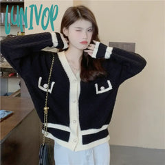 Lunivop Korean Fashion Chic Vintage Sweater Retro Casual Lazy Sweaters For Women Knitted V-Neck