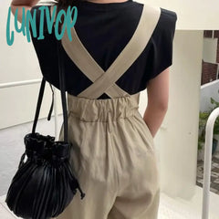 Lunivop Korean Fashion Detachable Shoulder Straps Wide Legged Pants New Style High Waist Retro