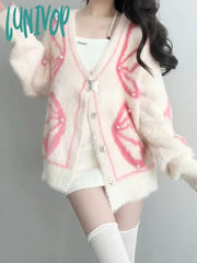 Lunivop Korean Fashion Graphic Knitted Cardigan Women Harajuku Kawaii Oversized Sweater Sweet