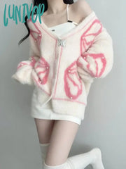 Lunivop Korean Fashion Graphic Knitted Cardigan Women Harajuku Kawaii Oversized Sweater Sweet