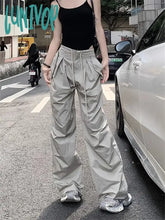 Lunivop Korean Fashion Gray Cargo Pants Women Y2K Vintage Drawstring Parachute Trousers Oversized