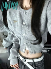 Lunivop Korean Fashion Gray Knitted Cardigan Women Harajuku Casual Black Cropped Kpop Sweater Long