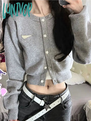 Lunivop Korean Fashion Gray Knitted Cardigan Women Harajuku Casual Black Cropped Kpop Sweater Long