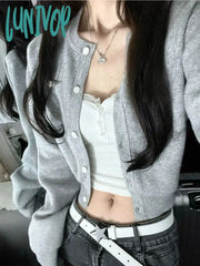 Lunivop Korean Fashion Gray Knitted Cardigan Women Harajuku Casual Black Cropped Kpop Sweater Long