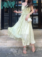 Lunivop Korean Fashion Green Cute Strap Dress Women Sweet Elegant Party Midi Female Chiffon France