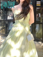 Lunivop Korean Fashion Green Cute Strap Dress Women Sweet Elegant Party Midi Female Chiffon France