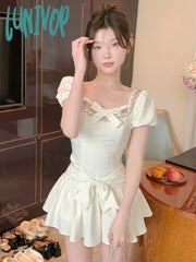 Lunivop Korean Fashion Kawaii Two Piece Set Women Vintage Elegant Party Mini Skirt Female Bow
