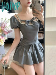 Lunivop Korean Fashion Kawaii Two Piece Set Women Vintage Elegant Party Mini Skirt Female Bow