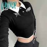 Lunivop Korean Fashion Letter Print Polo T-Shirts Women Stitched Crop Top Y2K Sexy Long Sleeve