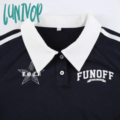 Lunivop Korean Fashion Letter Print Polo T-Shirts Women Stitched Crop Top Y2K Sexy Long Sleeve