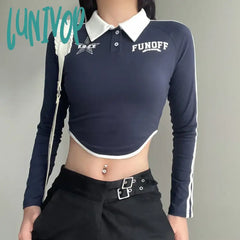 Lunivop Korean Fashion Letter Print Polo T-Shirts Women Stitched Crop Top Y2K Sexy Long Sleeve