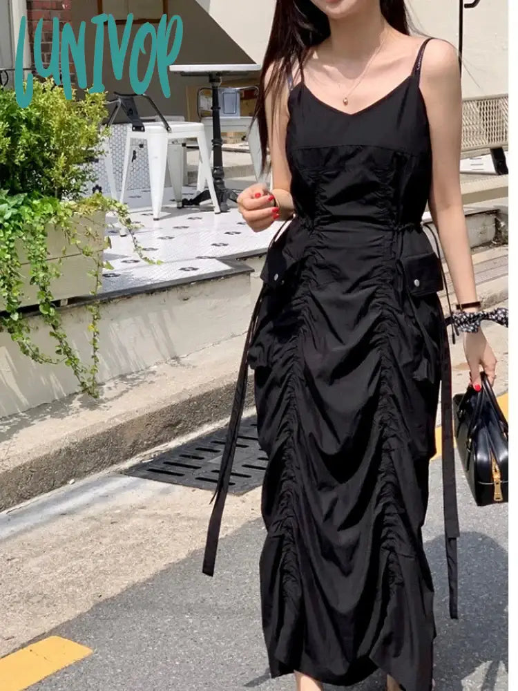 Lunivop Korean Fashion New Summer Dress Women Pleated Design Large Pockets Waisted Midi Female