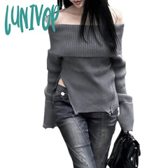 Lunivop Korean Fashion Off Shoulder Knitted Jumpers For Women Zipper Split Slim Long Sleeve Gray