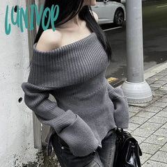 Lunivop Korean Fashion Off Shoulder Knitted Jumpers For Women Zipper Split Slim Long Sleeve Gray
