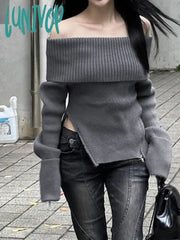 Lunivop Korean Fashion Off Shoulder Knitted Jumpers For Women Zipper Split Slim Long Sleeve Gray