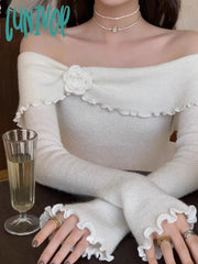 Lunivop Korean Fashion Off Shoulder Sweater Women Fairycore Aesthetic Knitted Jumper Mujer Chic