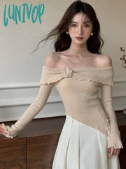 Lunivop Korean Fashion Off Shoulder Sweater Women Fairycore Aesthetic Knitted Jumper Mujer Chic