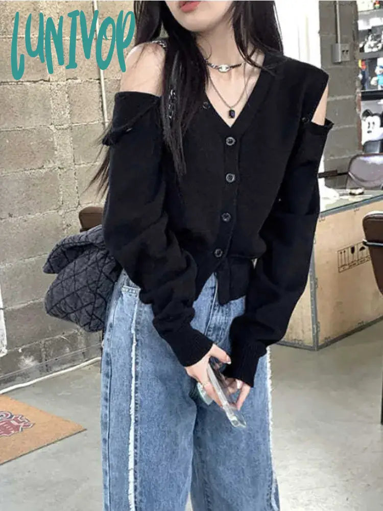 Lunivop Korean Fashion Oversized Cardigan Women Harajuku V-Neck Knitted Jumper Sweet Sexy Off