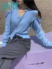 Lunivop Korean Fashion Oversized Cardigan Women Harajuku V-Neck Knitted Jumper Sweet Sexy Off