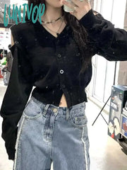 Lunivop Korean Fashion Oversized Cardigan Women Harajuku V-Neck Knitted Jumper Sweet Sexy Off