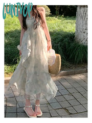 Lunivop Korean Fashion Summer Chiffon French Elegant Midi Dress Women Beach Style Sexy Strap Party