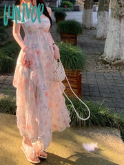 Lunivop Korean Fashion Summer Chiffon French Elegant Midi Dress Women Beach Style Sexy Strap Party