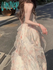 Lunivop Korean Fashion Summer Chiffon French Elegant Midi Dress Women Beach Style Sexy Strap Party