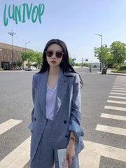 Lunivop Korean Fashion Two Pieces Blazer And Shorts Set For Women Long Sleeve Blue Plaid Jacket