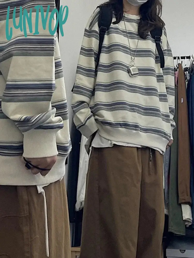 Lunivop Korean Fashion Vintage Sweatshirts Women Harajuku Kpop Striped Hoodies Casual Basic