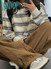 Lunivop Korean Fashion Vintage Sweatshirts Women Harajuku Kpop Striped Hoodies Casual Basic