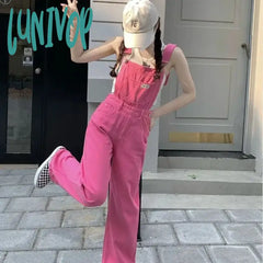 Lunivop Korean Fashion Women’s Pink Denim Overalls Suspender Jumpsuit Trousers Spring Autumn