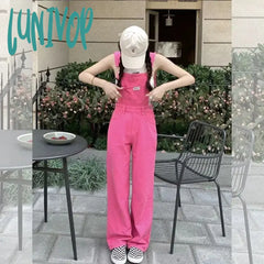Lunivop Korean Fashion Women’s Pink Denim Overalls Suspender Jumpsuit Trousers Spring Autumn
