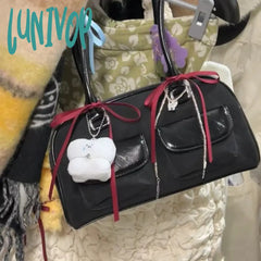 Lunivop Korean Fashion Womens Shoulder Bag Pure Black Faux Suede Bowling Handbag Casual Luxury