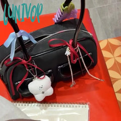 Lunivop Korean Fashion Womens Shoulder Bag Pure Black Faux Suede Bowling Handbag Casual Luxury