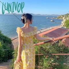 Lunivop Korean Fashion Yellow Floral Long Dress Women’s Summer Flying Sleeves Square Neck Maxi