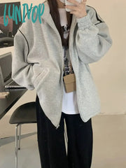 Lunivop Korean Fashion Zip Up Grey Sweatshirt Women Harajuku Vintage Streetwear Pink Hoodies Casual